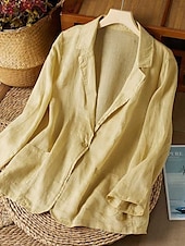 cheap Shirts-Women&#039;s Cotton Linen Blazer Solid Color Stylish Basic Casual Long Sleeve Shirt Collar Regular Tops Work Daily Buttons White Yellow Summer