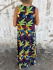 abordables Robes fleuries-Femmes Robe maxi Robe trapèze Robe Nuisette Vacances Occasionnel Boho Extérieur Sortir Coupe régulière Fleuri Sans manches Col en V Bleu Abricot Beige Été