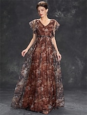 economico BLU-Abiti Quinceanera A-Line abito elegante formale lungo senza maniche scollatura a V in chiffon con stampa floreale