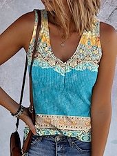 billige Boho tank topp-Dame Camisole Tank Top Grafisk Geometrisk Årgang Stilfull Etnisk Ermeløs V-hals Vanlige topper Daglig Trykt mønster Gul Blå Lilla Grønn Sommer Vår