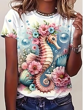 billige Hawaiiansk te-Dame T skjorte Blomstret Grafisk Rose Elegant Årgang Mote Kortermet Rund hals Vanlige topper Daglig Ut på byen Helg Trykt mønster Hvit Lysegrønn Blå Dusty Blue Brun Sommer