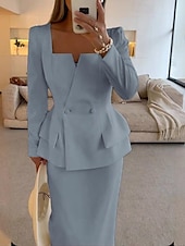 preiswerte Mamas Kleidersets-Zweiteiliges Fisch  Trompete Mutter der Braut Kleid Elegantes Peplum Kleid Set Einfach Minimalistisch Quadrat-Ausschnitt Tee Länge Krepp Stretchstoff Lange Ärmel mit einfarbig