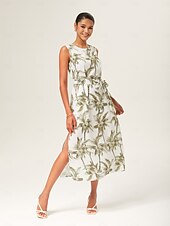 economico Abiti eleganti floreali-abito midi senza maniche in simil lino