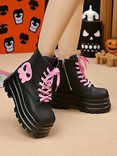 baratos Para mulheres-Botas de combate femininas góticas plataforma - botas pretas grossas de amarrar no tornozelo com caveira rosa para cosplay, Halloween e streetwear punk