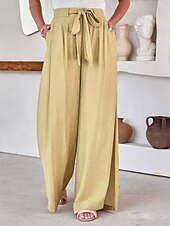 abordables jambe large et taille haute-Femmes Culottes Jambe Large Évasé Élégant Vacances ancien Long Taille Moyenne Cordon de serrage Classique Stylé Micro-Élastique Ivoire Bleu Kaki Été Printemps Automne Coupe Ample