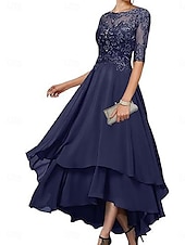 abordables Longueur du thé-Ligne A Robe de Mère de Mariée  Élégant Simple Col Bateau Asymétrique Polyester Demi Manches avec Couleur Unie 2025