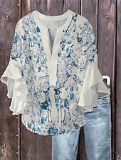 abordables Animaux Tops-Femmes Chemisier Fleuri Élégant Moderne Manche 3/4 Col en V Hauts Réguliers Quotidien Fête A Volants Imprimé Rose Claire Bleu Vert Abricot Été