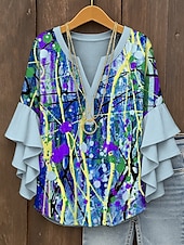 abordables Hauts d&#039;Art et de Design pour Femmes-Femmes Chemisier Graphique Abstrait Bohème ancien Quotidien Manche 3/4 Col en V Hauts Réguliers Quotidien Fête Vêtements de vacances Imprimé Jaune Rouge Bleu Violet Vert Été Printemps Automne