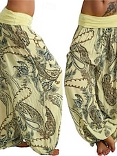baratos perna larga e cintura alta-Mulheres Calças Calças Harem Calça Palazzo Moda Boho Comprimento total Cintura Média Imprimir Cintura elástica Confortável Micro-Elástica Rua Roupa Diária Para Noite Preto Amarelo Vermelho Azul