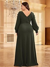 preiswerte BLAU-A-Linien Plus Size Kleider Elegantes Kurvenkleid Formelles Hochzeitsbodenlänges Langärmel V-Ausschnitt Chiffon mit Perlen 2025