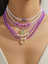 cheap Women&#039;s Necklace-Women&#039;s Colorful Beaded Layered Necklace Set – Boho Evil Eye, Pearl, and Charm Accents – Adjustable Summer Jewelry for Teens and Young Women – Ideal for Beach, Festivals and Casual Wear