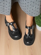 abordables Retro de los años 50-Zapatos Mary Jane negros con tiras en T para mujer inspirados en los años 50: tacones de cuero brogue vintage con hebilla y suela gruesa para uso diario y cosplay. &amp;trajes góticos
