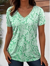 preiswerte Blumen-T-Shirt-Damen T Shirt Blumen Grafik Pflanzen Vintage Mode Hawaiianisch Kurzarm V Ausschnitt Normale Oberteile Täglich Ausgehen Wochenende Druck Rosa Blau Purpur Grün cremefarben Sommer Frühling
