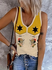 abordables Débardeur Boho-Femmes Débardeur caraco Graphique Géométrique Bohème ancien Élégant Sans manches Col en V Hauts Réguliers Quotidien Imprimé Jaune Beige Été Printemps