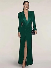 cheap Floor Length-Blazer Dress Mermaid / Trumpet Evening Gown Elegant Dress Pinstripe Tuxedo Dress Zipper Up Wedding Guest Formal Floor Length Long Sleeve Peak lapel collar Satin with Pocket