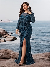 preiswerte BLAU-Meerjungfrau  Trompeten Plus Size Kleider ElegantesKurvenkleid Formal Hochzeit Bodenlang Lange Ärmel Rundhals Polyester mit Schlitz