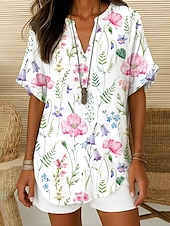cheap Floral Tops-Women&#039;s Boho Shirt Floral Graphic Elegant Bohemia Vintage Sleeveless Short Sleeve Regular Tops Daily Holiday Beach Wear Black White Pink Blue Khaki Summer Spring