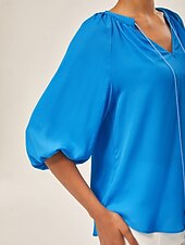 abordables Blouses &amp; Shirts-Blue Chiffon Ruched Vacation Top