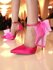 economico Festa Notturna-Scarpe col tacco da donna in raso rosa shocking con punta affilata, fiocco in tulle oversize, cinturino alla caviglia e stiletto, per feste notturne, cocktail sul tetto, glamour a bordo piscina o