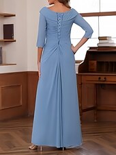 billiga Bröllopsgästklänningar-A-Linje Bröllopsgäst Klänningar Elegant Klänning Bröllopsgäst Förlovning Golvlängd 3/4 Längd Ärmar V-ringad Chiffong med Fållar Ruched Pärla
