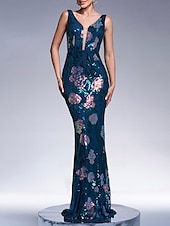 cheap FLORALS-Mermaid / Trumpet Evening Gown Elegant Dress Formal Wedding Floor Length Sleeveless V Neck Lace with Sequin