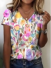 abordables T-shirt floral-Femmes T-shirt Fleuri Graphique Plantes Bohème ancien Élégant Manche Courte Col en V Hauts Réguliers Quotidien Sortir Week-end Imprimé Vert Claire Rose Claire Vert Été