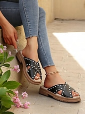 billige Uformelle sandaler-damesandaler med kryss og nagler, polstrede sandaler med åpen tå for festivaler, bassengkanten og helgeturer