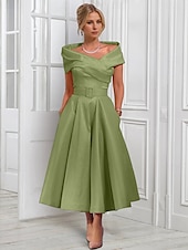 cheap Cocktail Dresses-A-Line Cocktail Dresses Elegant Dress Formal Wedding Tea Length Midi Length Sleeveless Adjustable Cover Buttons Off Shoulder Satin with Pleats