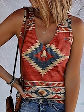 billige Boho tank topp-Dame Camisole Tank Top Grafisk Geometrisk Årgang Stilfull Etnisk Ermeløs V-hals Vanlige topper Daglig Trykt mønster Rød Blå Dusty Blue Sommer Vår