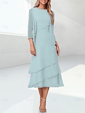 preiswerte Mit Jacke-Strand Hochzeit Salbeischlauch Mutter der Braut Kleid Elegantes Juwelenhals Tee-langes Chiffon 3/4 Langen Ärmel Wickel inklusive mit Raffung 2025 kostenlose Maßanfertigung