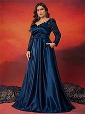 billiga BLÅ-A-Linje Plus Size Klänningar Elegant Curve Klänning Formell Bröllop Golvlängd Långärmad Hjärta Satin med Fållar 2025
