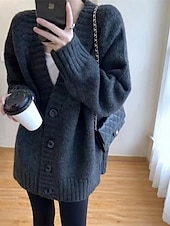 preiswerte Einfarbiger Cardigan-Damen Pullover Strickjacke Mode Einfarbig Gerippt V Ausschnitt Knöpfe Gestrickt Langarm Normale Oberteile Stricken Täglich Ferien Ausgehen Schwarz Dunkelgray Herbst