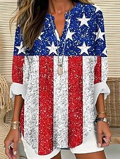 levne Den nezávislosti Top-Dámská blůza tunika V krk dlouhý rukáv Boho casual vlastenecký grafický praporek vintage tropické běžné topy každodenní nošení potisk červená modrá