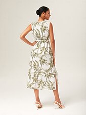 economico Abiti eleganti floreali-abito midi senza maniche in simil lino