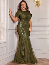 economico VERDE-Abiti da Mare  Tromba Taglia Plus Elegante Abito Curve Formale per Matrimonio Lunghezza Della Terra Manica Corto Collo A Giro Poliestere con Paillettes 2025