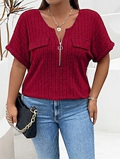 levne Trička nadměrná velikost-Dámské Plus velikost Topy Tričko Pevná barva Zip Kapsy Krátký rukáv Do V Módní Šik ven Na běžné nošení Denní Víkend Polyester Léto Podzim Světlá růžová Fialová