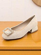 Недорогие Block Heels-женские бежевые туфли на плоской подошве с квадратным носком и жемчужной пряжкой, туфли из искусственной ткани на низком каблуке для элегантных повседневных образов и ежедневных свиданий