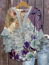abordables Hauts Floraux-Femmes Chemisier Fleuri Graphique Élégant Bohème Ethnique Manche 3/4 Col en V Hauts Réguliers Quotidien Fête Vêtements de vacances A Volants Imprimé Blanche Bleu Violet Marron Vert Été Printemps