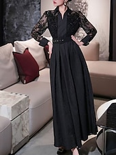 preiswerte Bodenlänge-A-Linie Brautmutter Kleid Eleganter Hemdkragen Knöchellang Polyester Langarm mit Spitze Gurt  Band
