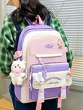 billiga Högskoleryggsäckar-5-i-1 skolryggsäcksset med plyschberlocker, lätt nylon, kawaii-stil, för flickor och tonåringar, perfekt för skolan och dagligt bruk