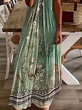 tanie Sukienki boho-Damskie Sukienka maxi Codzienne sukienki Sukienka A line Letnie sukienki Elegancja Urlop Zabytkowe Regularny Kwiaty Graficzny W Tureckie Wzory Krótki rękaw Dekolt w kształcie litery U Jasnozielony