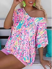 billige Blomster t-skjorte-Dame Boho skjorte Blomstret Grafisk Abstrakt Årgang Stilfull Klassisk Kortermet V-hals Vanlige topper Daglig Trykt mønster Rosa Lilla Fuksia Grønn Sommer Vår