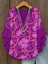 billige Blomstrete topper-Dame Bluse Blomstret Grafisk Elegant Daglig Fritid 3/4 ermer V-hals Vanlige topper Daglig Ferie Trykt mønster Gul Rød Blå Lilla Grønn Sommer Vår Høst