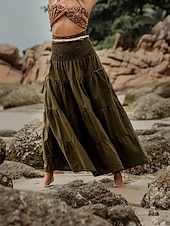 abordables Jupes unies-Femmes Jupe Évasé Occasionnel Maxi Taille Basse Jupes Uni Froncé Micro-Élastique Vacances Rue Noir Blanche Jaune Vert Véronèse Automne Coton