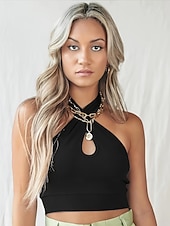 Women's Summer Tops Sports Sleeveless Halter Neck Crop Tops Black Summer Camisole Tank Top Solid Color Stylish Casual Sleeveless Sleeveless Regular Tops Work Daily Going out3