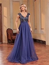 economico BLU-Abiti per Quinceanera A-Line elegante abito formale per matrimonio lunghezza del pavimento senza maniche scollo a V tulle con schiena a V e paillettes
