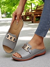 cheap Slide Sandals-Women's White Faux Leather Slide Sandals with Gold Buckle Casual Style for Garden Walks Vacation and Daily Errands