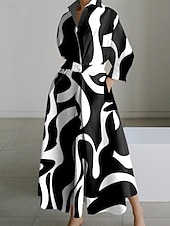 preiswerte Streifen- und geometrisches Kleid-Damen Maxikleid A Linie Kleid Lässig Outdoor Ausgehen Standard Passform Tupfen Langarm Umlegekragen Weiß+Schwarz Schwarz Weiß Sommer