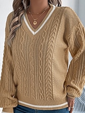 preiswerte Einfarbige Farben-Damen Pullover Lässig Farbblock Gerippt V Ausschnitt Patchwork Gestrickt Langarm Normale Oberteile Stricken Täglich Ferien Ausgehen Weiß Blau Herbst