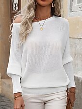 ieftine Culori Solide-Pentru femei Pulover Plover Șic Stradă Casual Culoare solidă Striat De Pe Umăr Tricotat Manșon Lung Topuri obișnuite Tricotat Ieșire Sfârșit de săptămână Alb Mov Toamnă